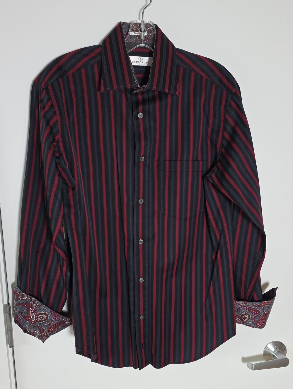 Bugatchi Black Shirt with Red and Dark Blue Stripes